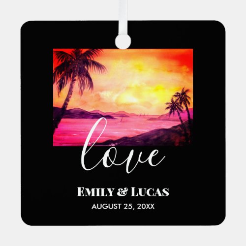 Wedding Theme Tropical Beach Sunset Watercolor Metal Ornament