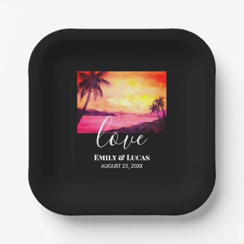 Wedding Theme Tropical Beach Sunset Watercolor Paper Plates