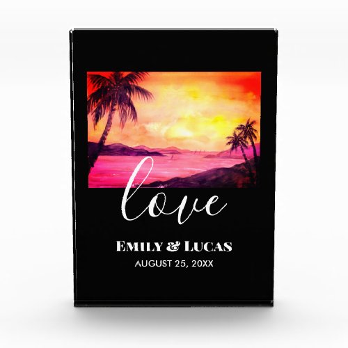 Wedding Theme Tropical Beach Sunset Watercolor Photo Block