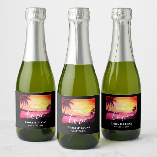 Wedding Theme Tropical Beach Sunset Watercolor Sparkling Wine Label
