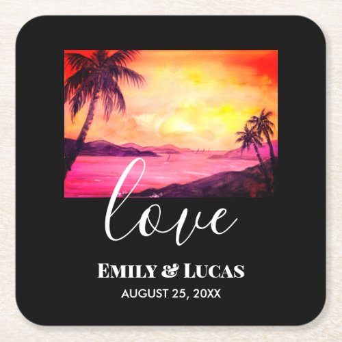 Wedding Theme Tropical Beach Sunset Watercolor Square Paper Coaster
