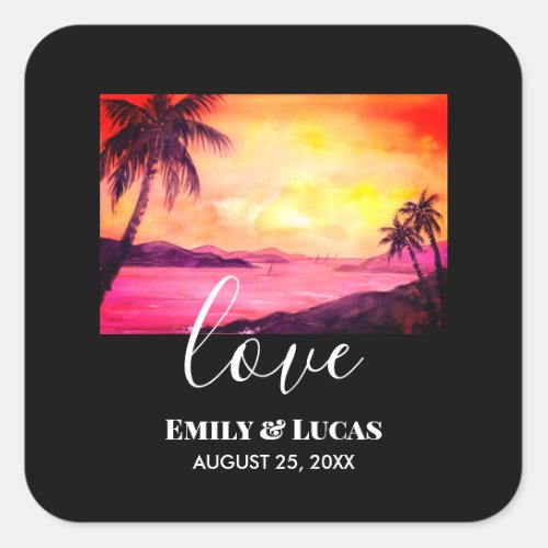 Wedding Theme Tropical Beach Sunset Watercolor Square Sticker