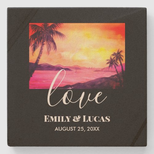 Wedding Theme Tropical Beach Sunset Watercolor Stone Coaster