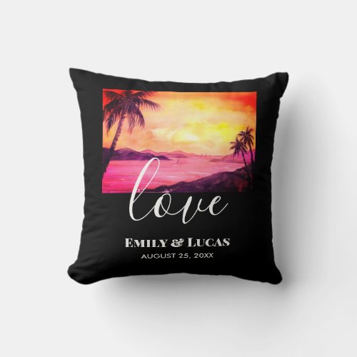 Wedding Theme Tropical Beach Sunset Watercolor Throw Pillow