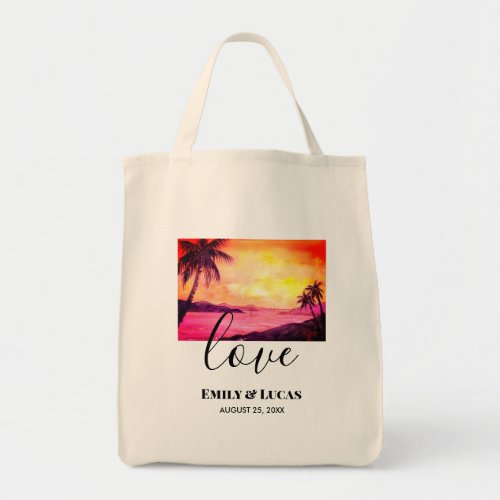 Wedding Theme Tropical Beach Sunset Watercolor Tote Bag