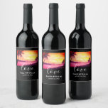 Wedding Theme Tropical Beach Sunset Watercolor Wine Label