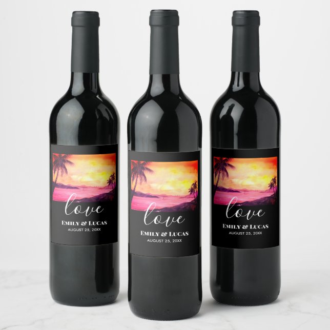 Wedding Theme Tropical Beach Sunset Watercolor Wine Label (Bottles)