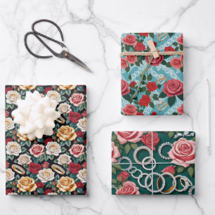 Wedding Theme With Roses And Wedding Rings Wrapping Paper Sheets
