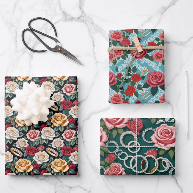 Wedding Theme With Roses And Wedding Rings Wrapping Paper Sheets (Front)