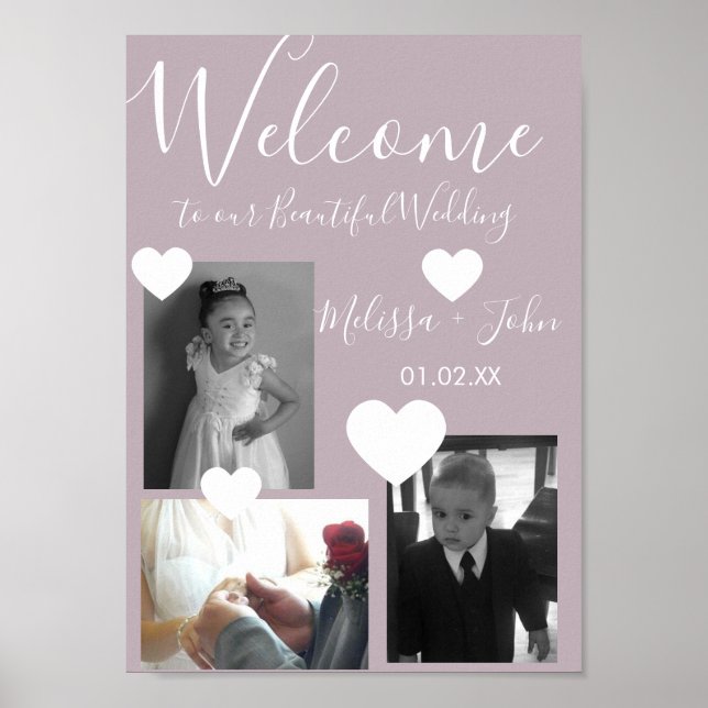 Wedding Three Photo Collage Script and Hearts Poster (Front)