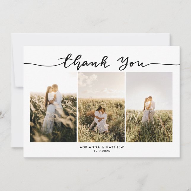 Wedding Three Photos Elegant Thank You Script Card (Front)