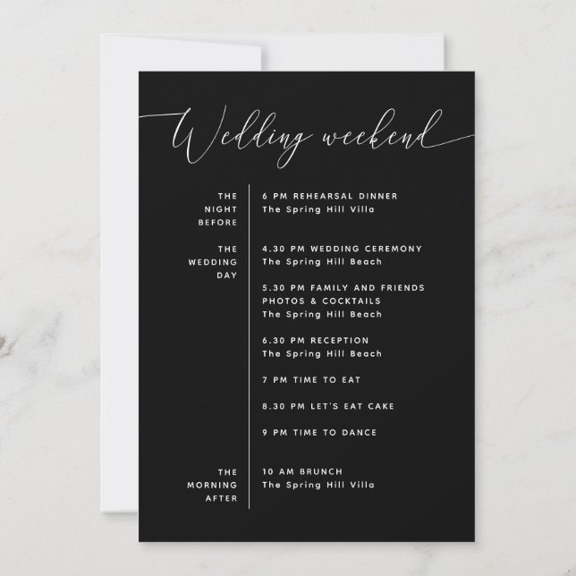 Wedding Timeline | Minimal Black Weekend Schedule Invitation (Back)