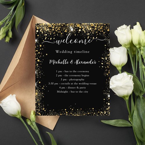 Wedding timeline program black gold budget flyer