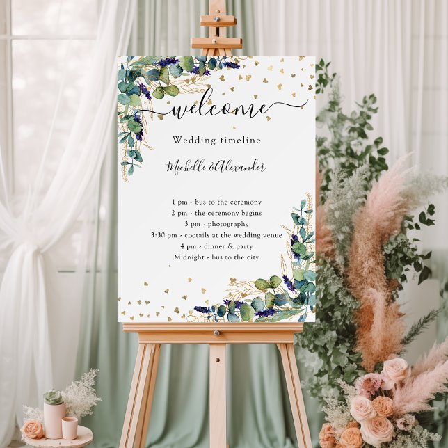 Wedding timeline program eucalyptus gold hearts foam board (Creator Uploaded)