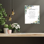Wedding timeline program eucalyptus greenery  poster<br><div class="desc">White elegant background,  decorated with eucalyptus greenery,  golden foliage and faux gold glitter dust. Personalize and add your names and your wedding day timeline.</div>