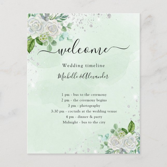 Wedding timeline program floral eucalyptus green flyer (Front)