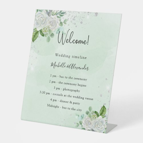 Wedding timeline program floral eucalyptus green pedestal sign