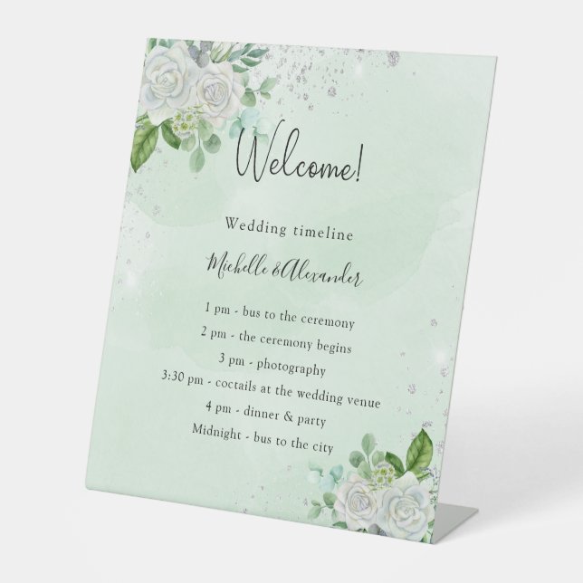Wedding timeline program floral eucalyptus green pedestal sign (Front)