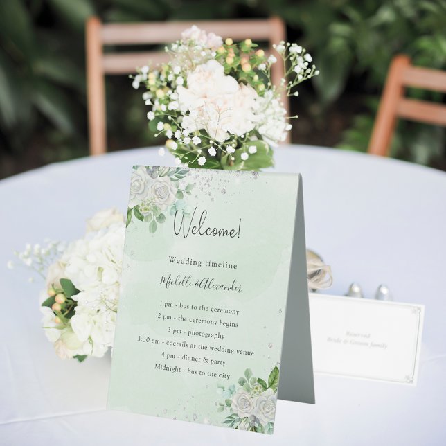 Wedding timeline program floral eucalyptus green table tent (Creator Uploaded)