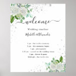 Wedding timeline program floral greenery poster<br><div class="desc">White elegant background,  decorated with a white watercolored white florals,  eucalyptus greenery,  and faux silver glitter dust. Personalize and add your names and your wedding day timeline.</div>