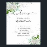 Wedding timeline program floral greenery poster<br><div class="desc">White elegant background,  decorated with a white watercolored white florals,  eucalyptus greenery,  and faux silver glitter dust. Personalize and add your names and your wedding day timeline.</div>