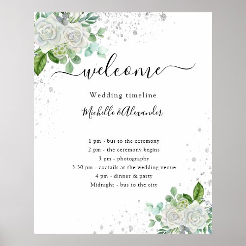 Wedding timeline program floral greenery poster