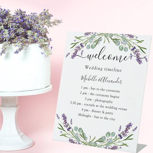 Wedding timeline program lavender eucalyptus pedestal sign