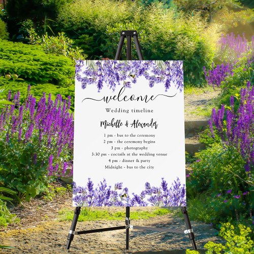 Wedding timeline program lavender florals welcome foam board