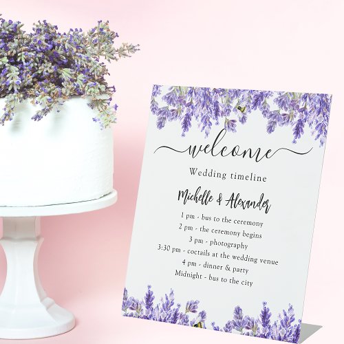 Wedding timeline program lavender florals welcome pedestal sign