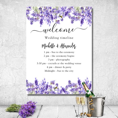Wedding timeline program lavender florals welcome poster