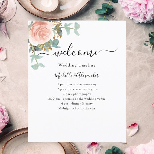 Wedding timeline program rose gold floral