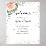 Wedding timeline program rose gold floral poster<br><div class="desc">White elegant background,  decorated with a rose gold and blush pink watercolored floral,  eucalyptus greenery,  golden foliage and faux gold glitter dust. Personalize and add your names and your wedding day timeline.</div>