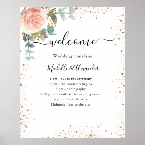 Wedding timeline program rose gold floral poster