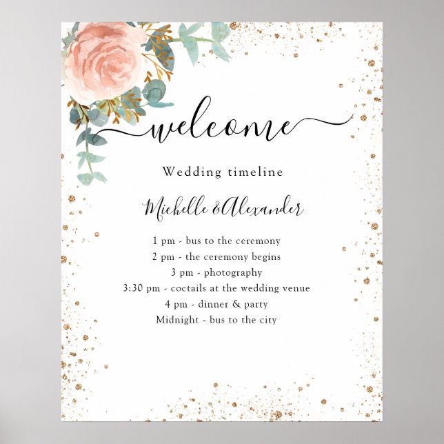 Wedding timeline program rose gold floral poster (Front)