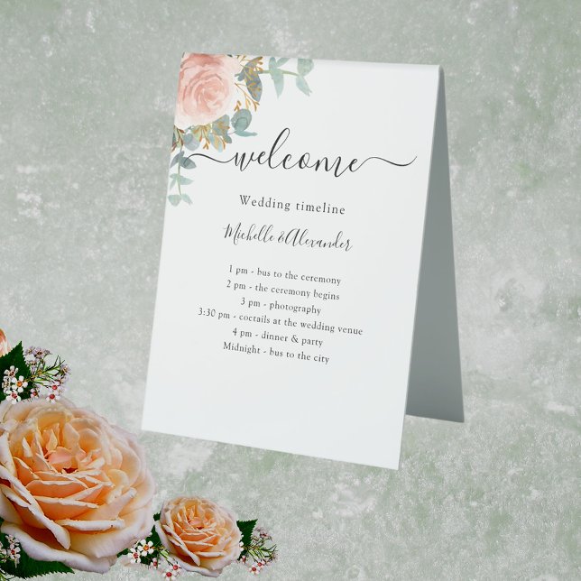 Wedding timeline program rose gold floral welcome table tent (Creator Uploaded)