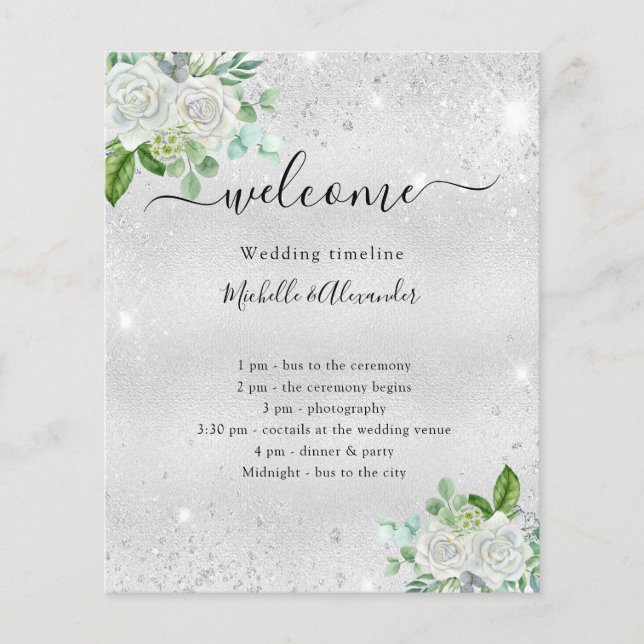Wedding timeline program silver floral greenery (Front)
