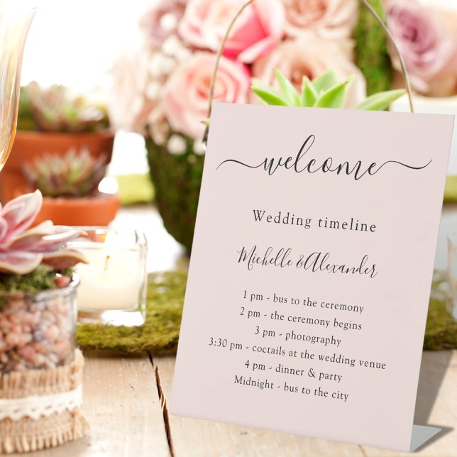 Wedding timeline promgram rose gold welcome pedestal sign (Creator Uploaded)