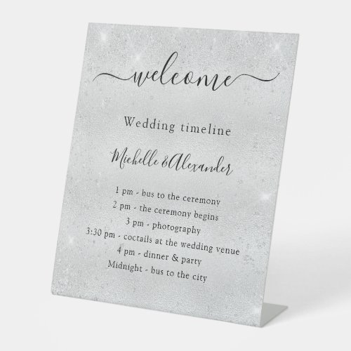 Wedding timeline promgram silver glitter welcome  pedestal sign