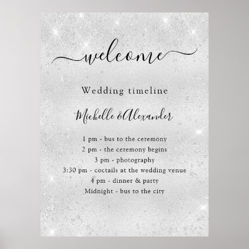 Wedding timeline promgram silver glitter welcome poster