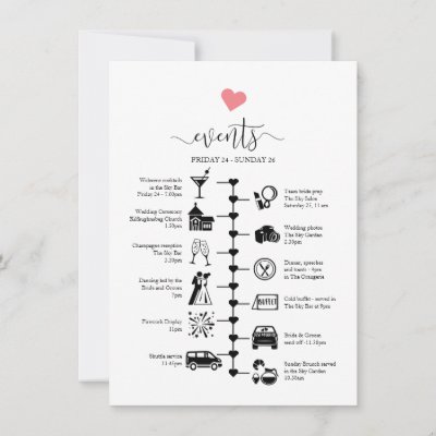 Wedding timeline with cute heart, guest itinerary advice card