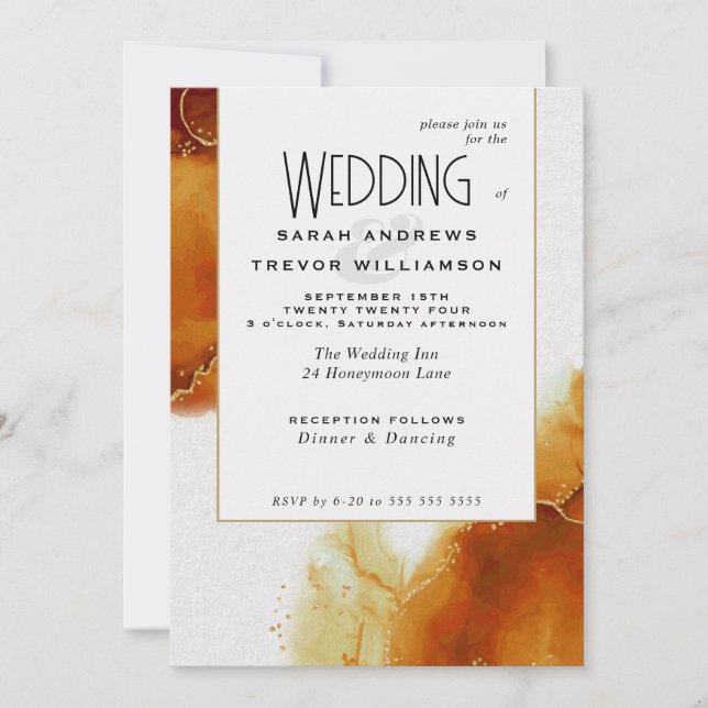 Wedding Topaz Gold Abstract Marble Invitation (Front)