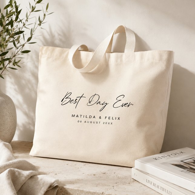 Wedding Tote Bag | Best Day Ever Custom Favor Gift (Personalized wedding tote bag with couple names and date for Best Day Ever gifting.)