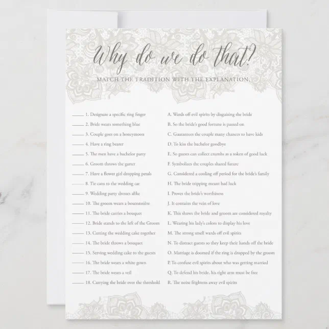 Wedding Traditions Bridal Shower Game Zazzle