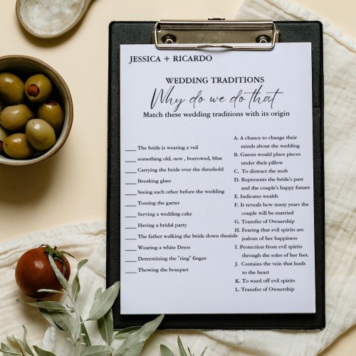Wedding Traditions Bridal shower Game Card