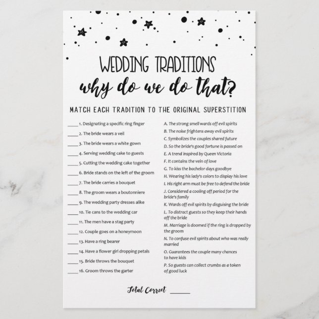 Wedding traditions game with Answers (Front)