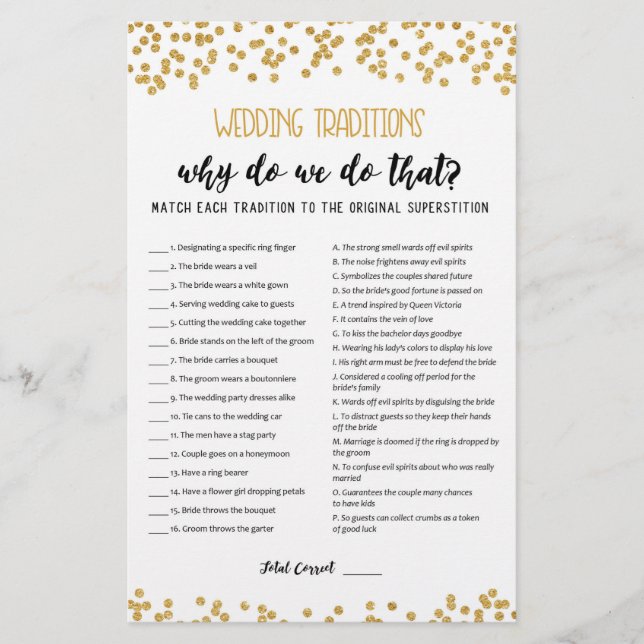 Wedding traditions game with Answers (Front)