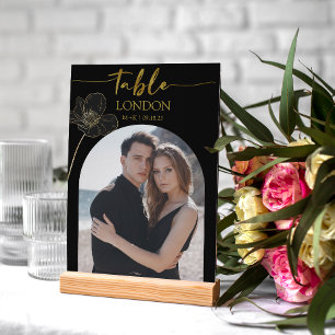 Wedding Travel Destination Photo & Name Black Gold Table Number