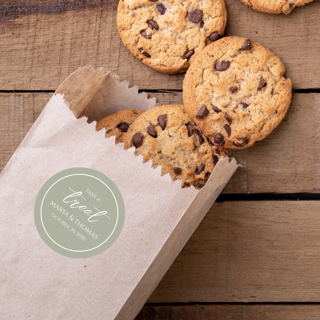 Wedding Trendy Script Green Take A Treat  Classic Round Sticker (Wedding "Take a Treat" Stickers with bride and groom's names. )