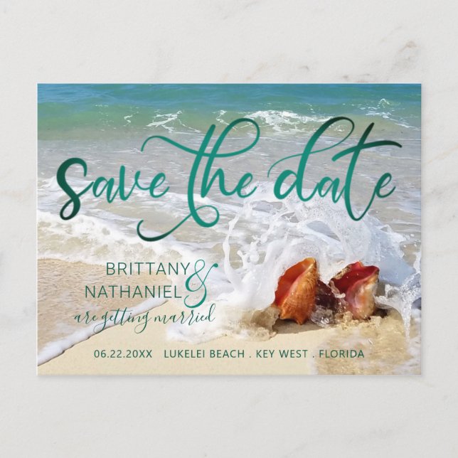 Wedding Tropical Beach Destination Seashells Announcement Postcard (Front)