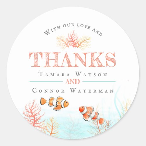 Wedding tropical coral fish watercolor thank you classic round sticker
